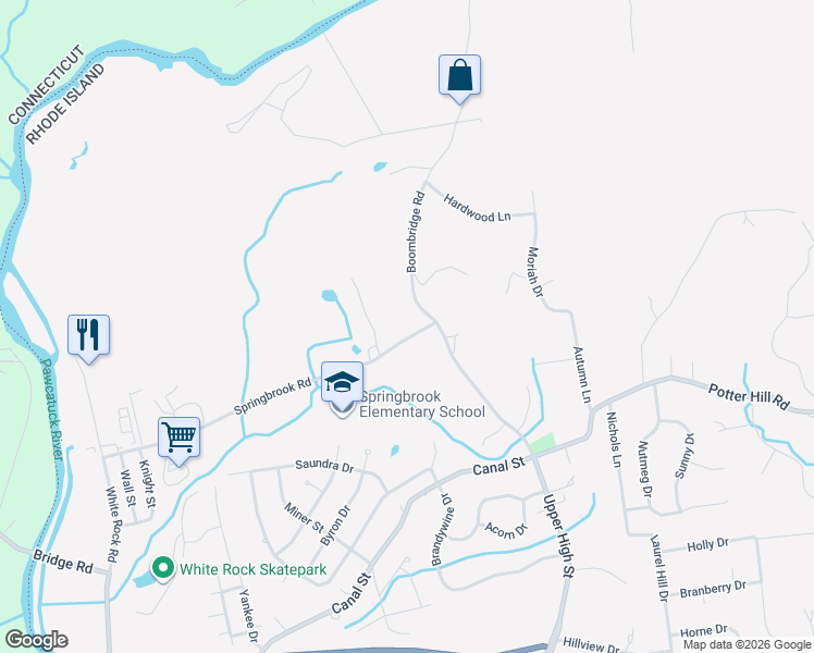 map of restaurants, bars, coffee shops, grocery stores, and more near 58 Springbrook Road in Westerly