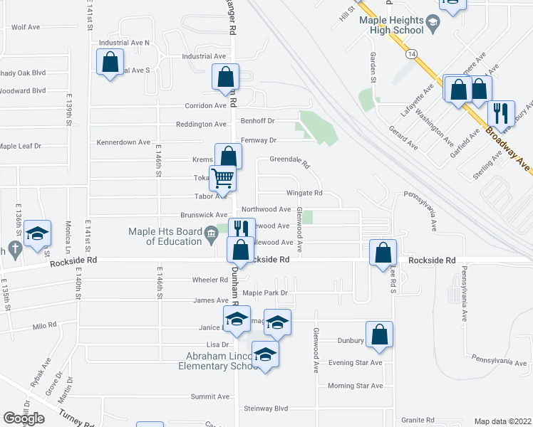 map of restaurants, bars, coffee shops, grocery stores, and more near 15408 Northwood Avenue in Maple Heights