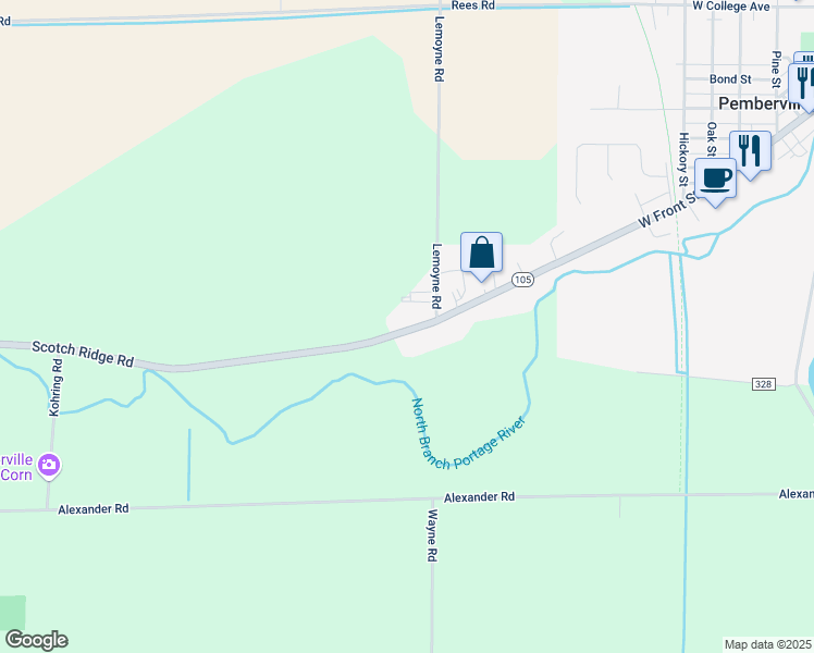 map of restaurants, bars, coffee shops, grocery stores, and more near 4054 Highway 105 in Pemberville