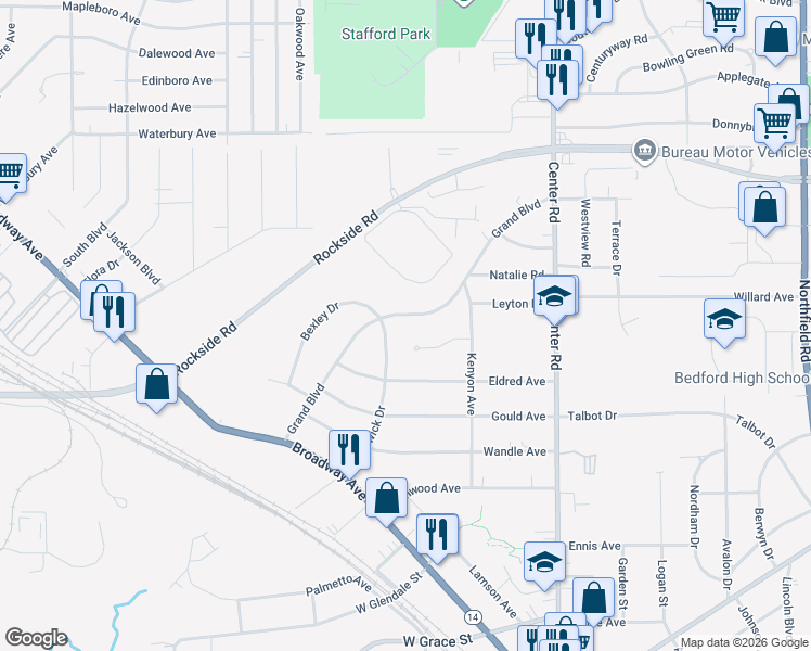 map of restaurants, bars, coffee shops, grocery stores, and more near 182 Grand Blvd in Bedford