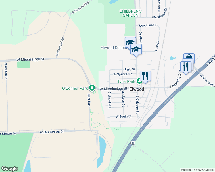 map of restaurants, bars, coffee shops, grocery stores, and more near 301 West Mississippi Street in Elwood