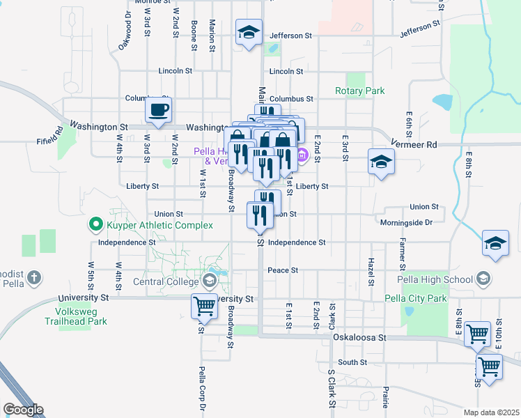 map of restaurants, bars, coffee shops, grocery stores, and more near 615 Main Street in Pella