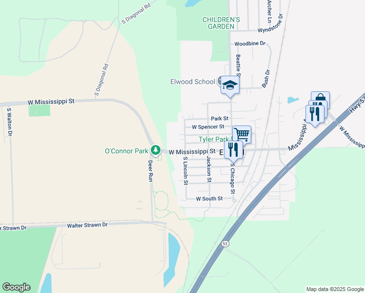 map of restaurants, bars, coffee shops, grocery stores, and more near 301 West Mississippi Street in Elwood
