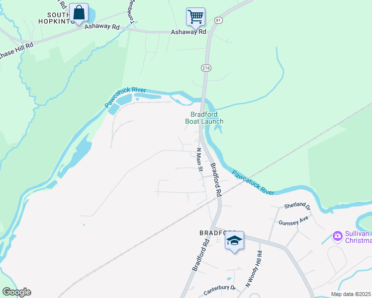map of restaurants, bars, coffee shops, grocery stores, and more near 9 Bowling Lane in Westerly