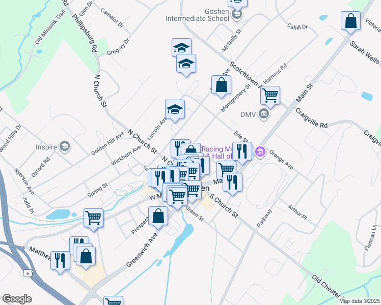 map of restaurants, bars, coffee shops, grocery stores, and more near 41 Montgomery Street in Goshen