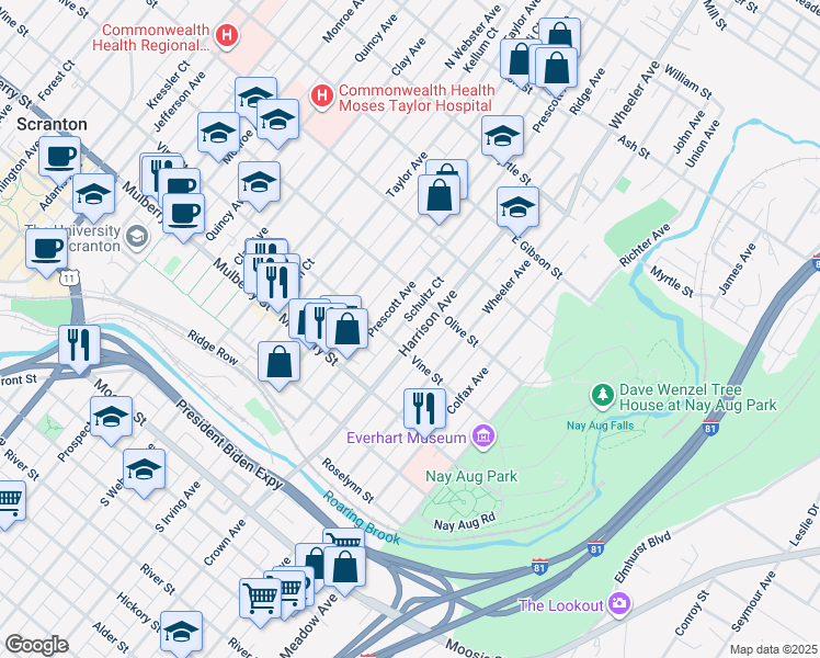 map of restaurants, bars, coffee shops, grocery stores, and more near 535 Harrison Avenue in Scranton