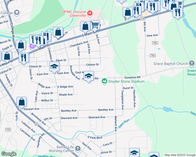 map of restaurants, bars, coffee shops, grocery stores, and more near 20 State Route 4025 in Greenville