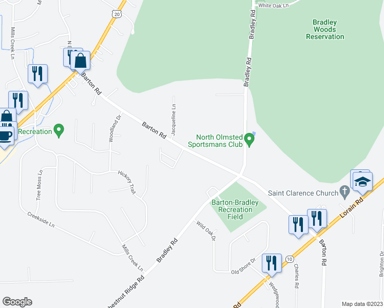 map of restaurants, bars, coffee shops, grocery stores, and more near 5606 Barton Road in North Olmsted