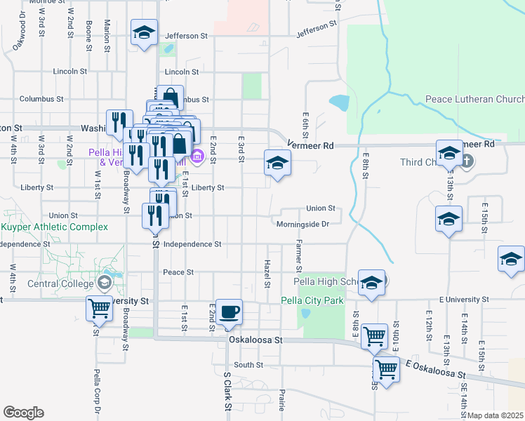 map of restaurants, bars, coffee shops, grocery stores, and more near 302 Union Street in Pella