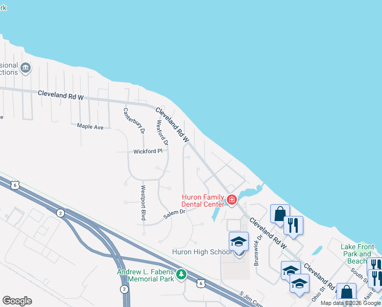 map of restaurants, bars, coffee shops, grocery stores, and more near 305 Concord Court in Huron