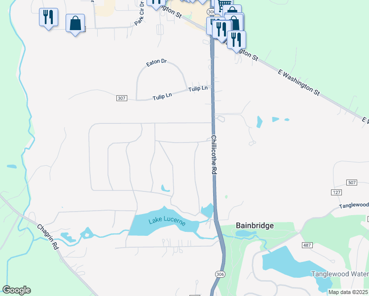 map of restaurants, bars, coffee shops, grocery stores, and more near 8443 Rockspring Dr in Chagrin Falls
