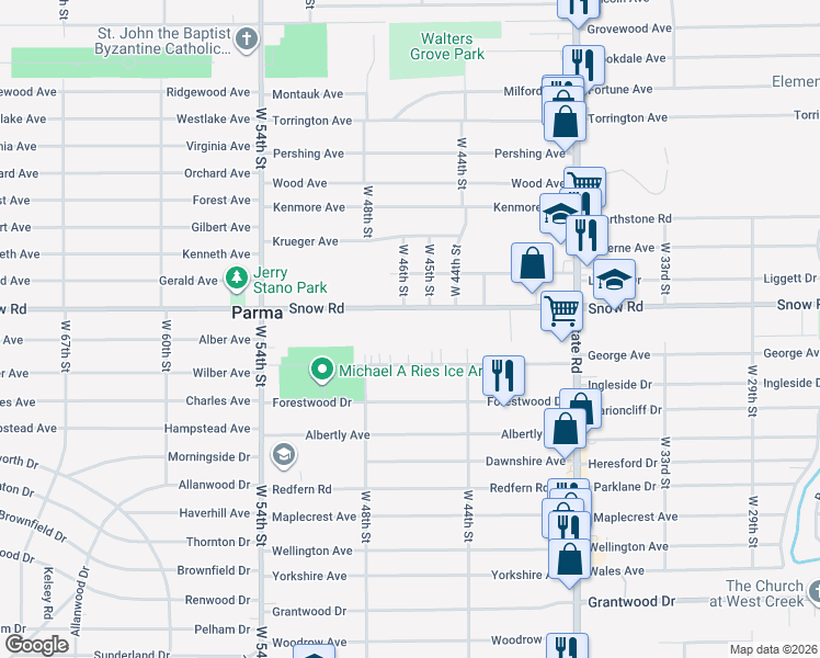 map of restaurants, bars, coffee shops, grocery stores, and more near 4523 Snow Road in Parma