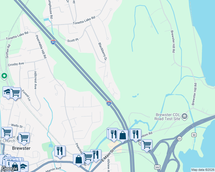 map of restaurants, bars, coffee shops, grocery stores, and more near 1501 Village Drive in Brewster