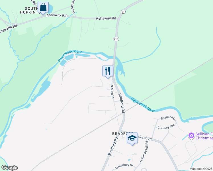 map of restaurants, bars, coffee shops, grocery stores, and more near 9 Bowling Lane in Westerly