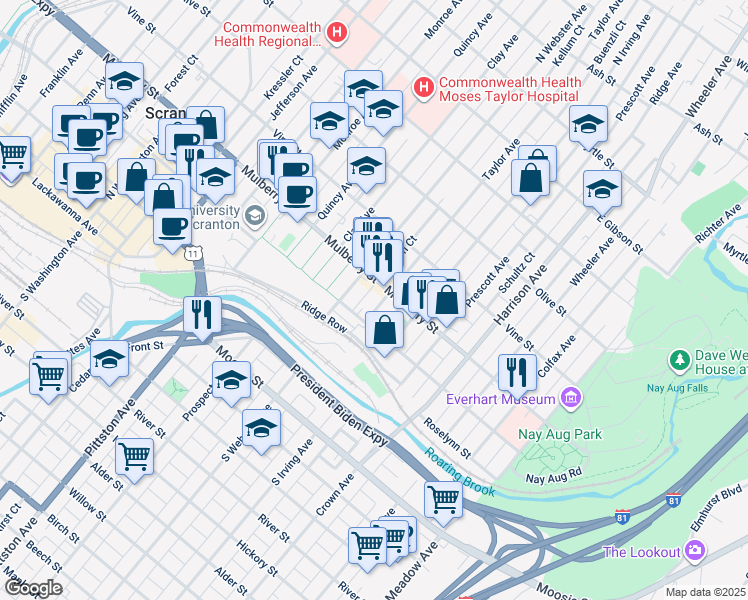 map of restaurants, bars, coffee shops, grocery stores, and more near 321 Taylor Avenue in Scranton