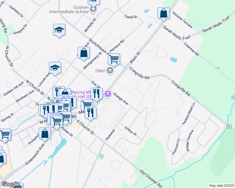 map of restaurants, bars, coffee shops, grocery stores, and more near 13 Orange Avenue in Goshen