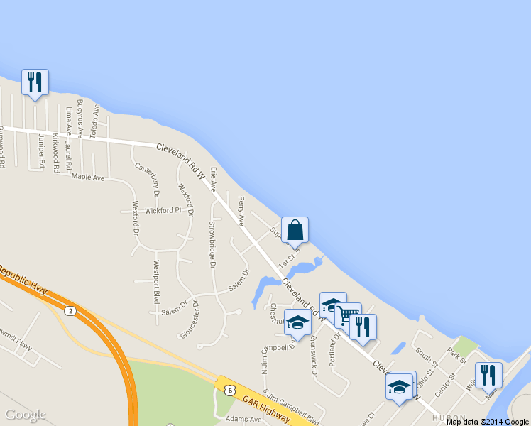 map of restaurants, bars, coffee shops, grocery stores, and more near 911 Superior Drive in Huron