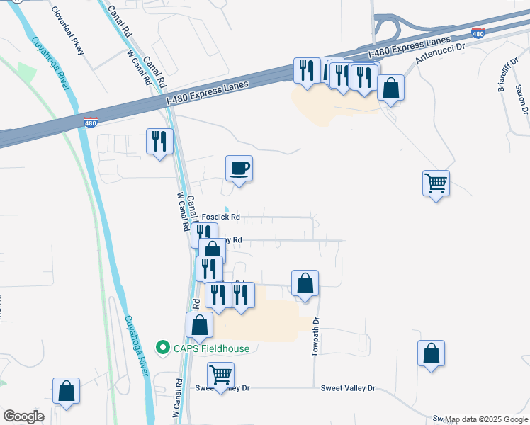 map of restaurants, bars, coffee shops, grocery stores, and more near 8905 Fosdick Road in Valley View