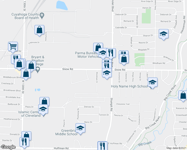 map of restaurants, bars, coffee shops, grocery stores, and more near 5830 Woolman Court in Parma