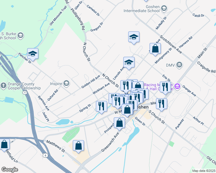 map of restaurants, bars, coffee shops, grocery stores, and more near 9 Wickham Avenue in Goshen