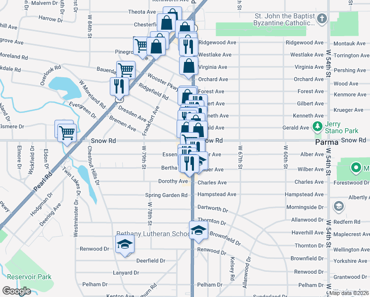 map of restaurants, bars, coffee shops, grocery stores, and more near 5812 Ridge Road in Parma
