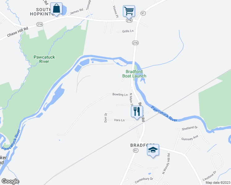 map of restaurants, bars, coffee shops, grocery stores, and more near 23 Bowling Lane in Westerly