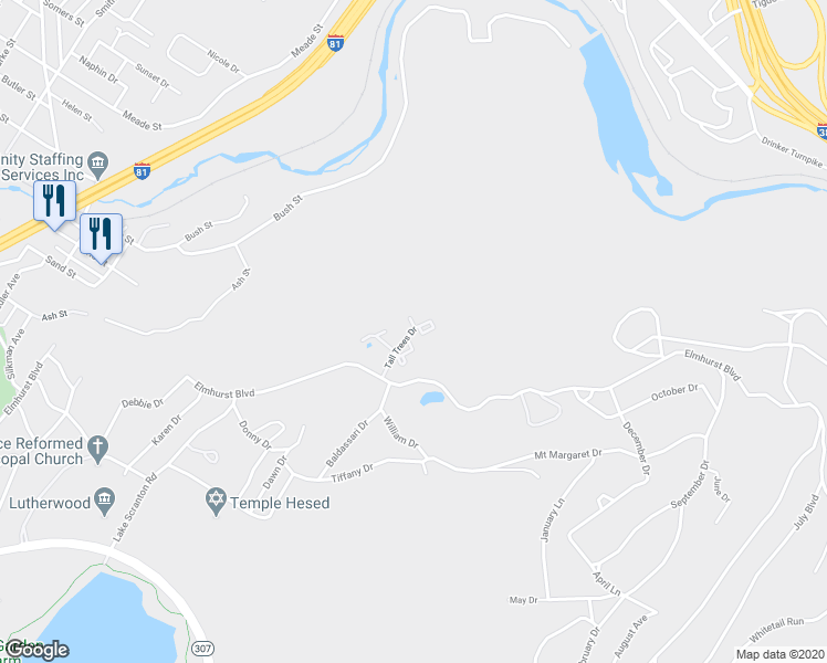 map of restaurants, bars, coffee shops, grocery stores, and more near 2099 Tall Trees Drive in Scranton