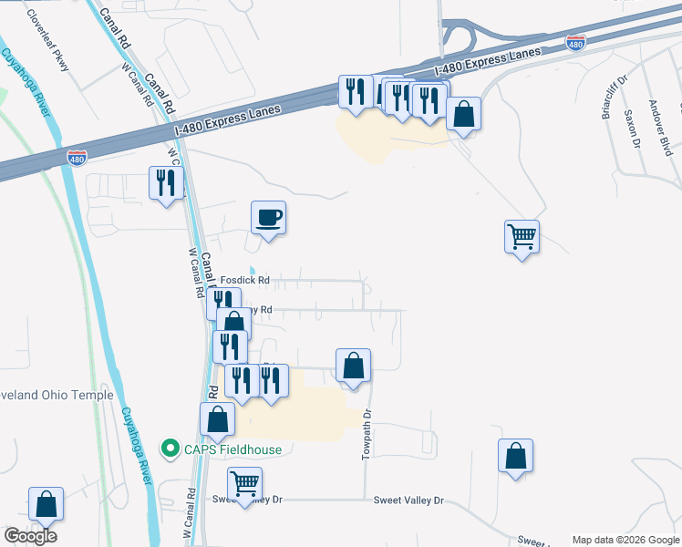 map of restaurants, bars, coffee shops, grocery stores, and more near 9126 Fosdick Road in Valley View