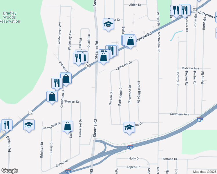 map of restaurants, bars, coffee shops, grocery stores, and more near 5904 Gareau Drive in North Olmsted