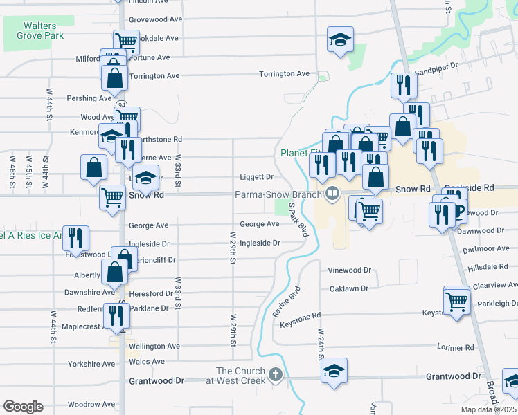 map of restaurants, bars, coffee shops, grocery stores, and more near 2601 Snow Road in Parma