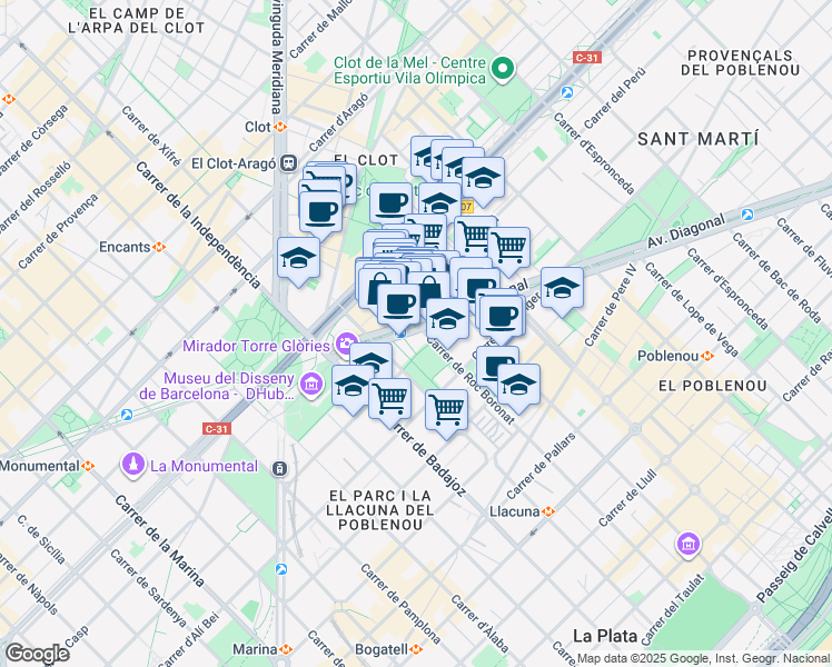 map of restaurants, bars, coffee shops, grocery stores, and more near 191 Avinguda Diagonal in Barcelona