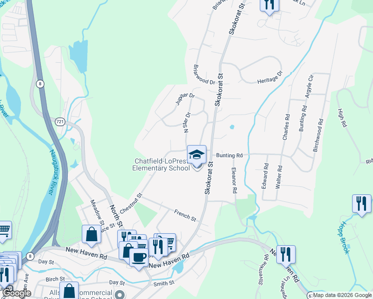 map of restaurants, bars, coffee shops, grocery stores, and more near 1 North Star Drive in Seymour