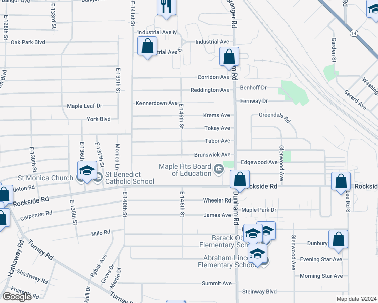 map of restaurants, bars, coffee shops, grocery stores, and more near 14613 Brunswick Avenue in Maple Heights