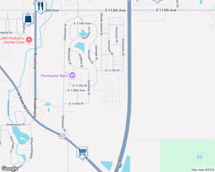 map of restaurants, bars, coffee shops, grocery stores, and more near 11717 Delaware Street in Crown Point