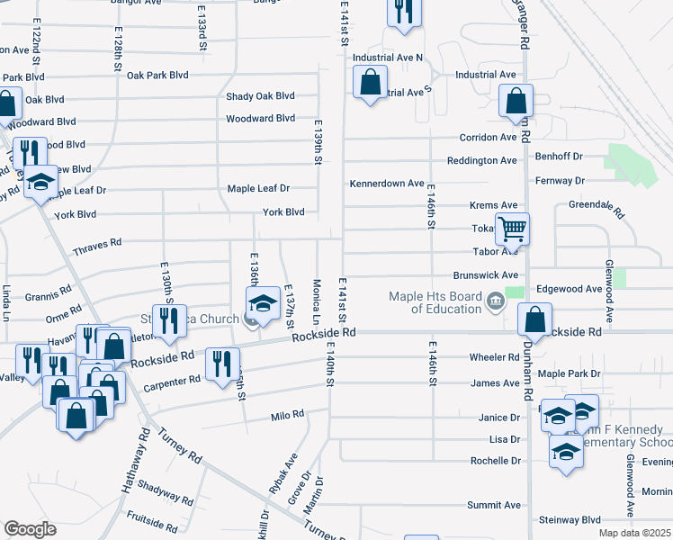 map of restaurants, bars, coffee shops, grocery stores, and more near 5853 Monica Lane in Garfield Heights
