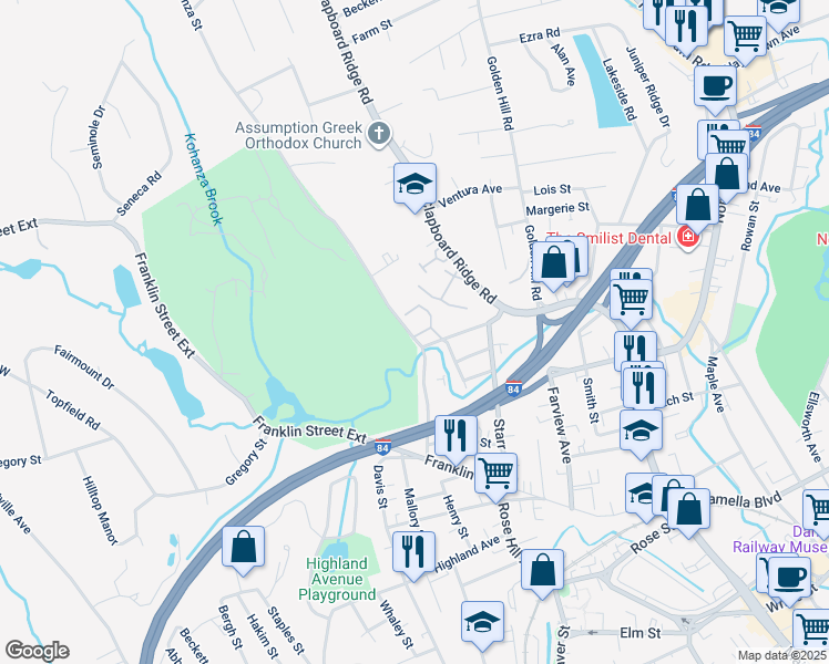 map of restaurants, bars, coffee shops, grocery stores, and more near 489 Cowperthwaite Street in Danbury