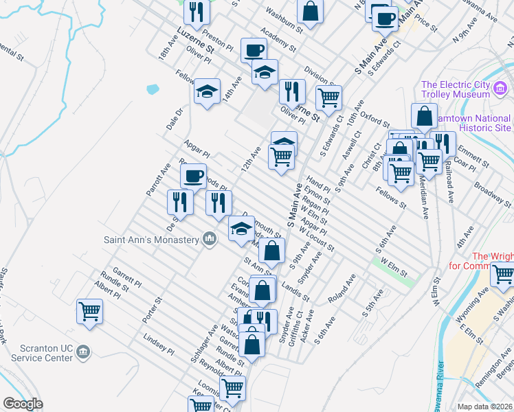 map of restaurants, bars, coffee shops, grocery stores, and more near 1131 West Locust Street in Scranton