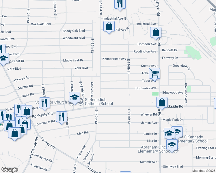map of restaurants, bars, coffee shops, grocery stores, and more near 14113 Brunswick Avenue in Maple Heights