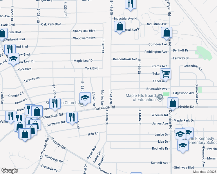 map of restaurants, bars, coffee shops, grocery stores, and more near 5853 Monica Lane in Garfield Heights