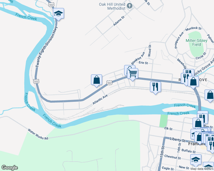 map of restaurants, bars, coffee shops, grocery stores, and more near 535 Grant Street in Franklin
