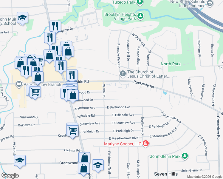 map of restaurants, bars, coffee shops, grocery stores, and more near 181 E Englewood Dr in Seven Hills