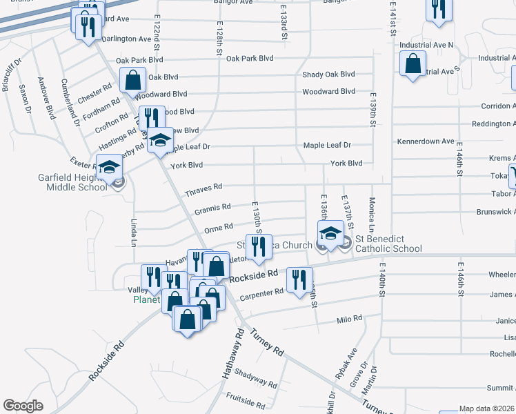 map of restaurants, bars, coffee shops, grocery stores, and more near 13002 Grannis Road in Garfield Heights