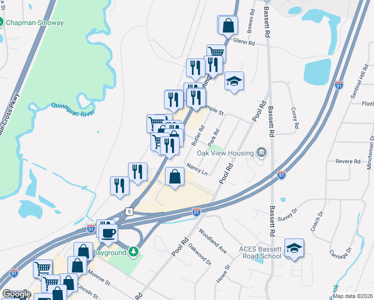 map of restaurants, bars, coffee shops, grocery stores, and more near 42 Butler Road in North Haven