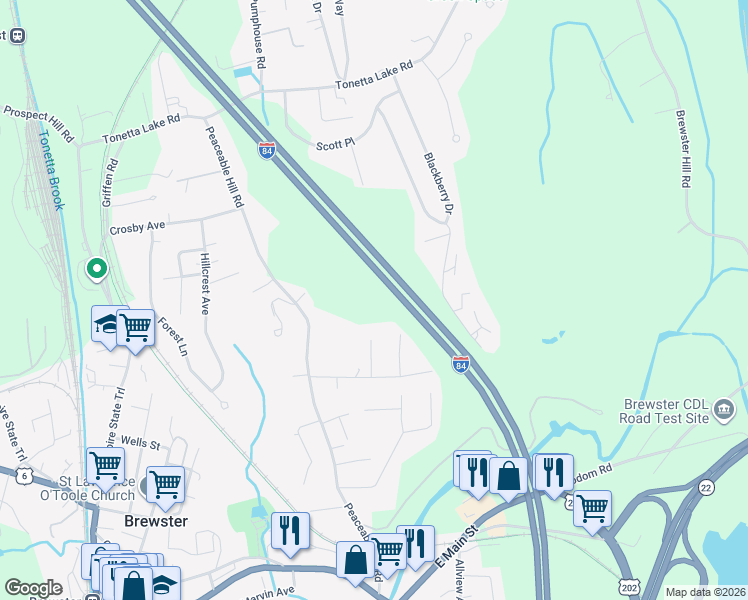 map of restaurants, bars, coffee shops, grocery stores, and more near 38 Spruce Road in Brewster