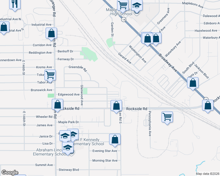 map of restaurants, bars, coffee shops, grocery stores, and more near 5699 Eastwood Avenue in Maple Heights