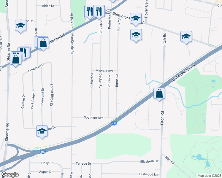 map of restaurants, bars, coffee shops, grocery stores, and more near 5907 Porter Road in North Olmsted