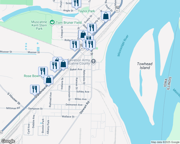 map of restaurants, bars, coffee shops, grocery stores, and more near 1109 Oregon Street in Muscatine