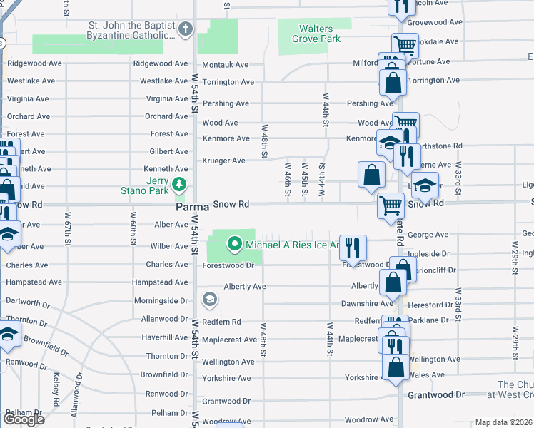 map of restaurants, bars, coffee shops, grocery stores, and more near 4717 Snow Road in Parma