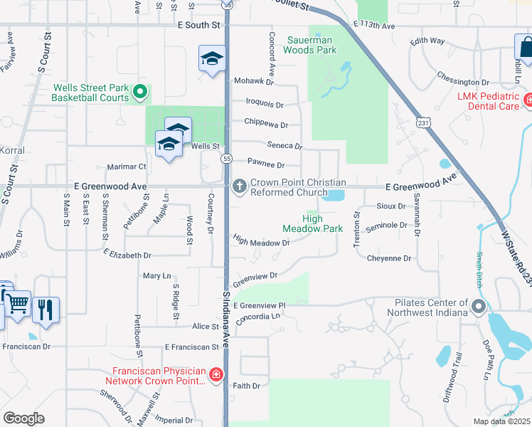 map of restaurants, bars, coffee shops, grocery stores, and more near 27 Cypress Point Drive in Crown Point