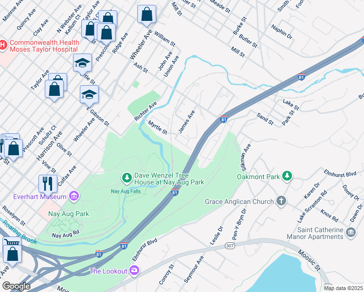 map of restaurants, bars, coffee shops, grocery stores, and more near 2118 Myrtle Street in Scranton